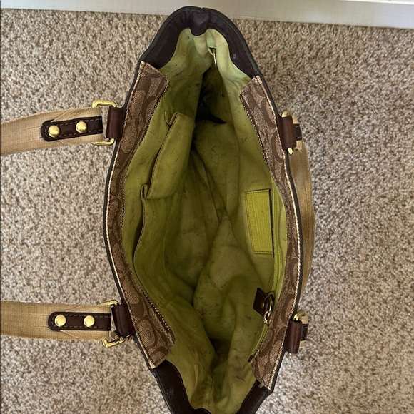 Vintage Coach Signature Chelsea Heritage Stripe Tote tan brown/ leather trim - Picture 4 of 7